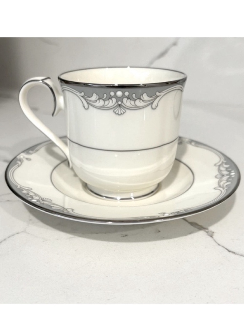 Vintage Noritake Cousteau Teacup and Saucer Bone China in Off White Grey Japan